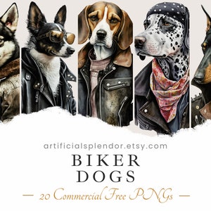 Biker Dog Clipart Bundel, Aquarelkunst, Menselijk dier PNG, Digitaal dier verkleed als persoon Realistische hond met zwart leren jasje