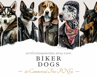 Pakiet clipartów Biker Dog, sztuka akwarelowa, ludzkie zwierzę PNG, cyfrowe zwierzę przebrane za osobę realistyczny pies w czarnej skórzanej kurtce