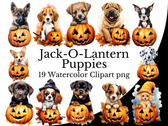 Jack-O-Lantern Puppies Clipart Bundle, Dog Watercolor Art, Halloween Animal PNG, Digital Canine in Pumpkin, Cute Autumn Fall Puppy Art