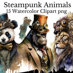Steampunk dierlijke clipart bundel, aquarel kunst, menselijke panda PNG, digitale beer verkleed als persoon Vintage Gorilla Lion Ram portret schilderij