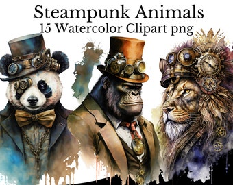 Steampunk Animal Clipart Bundle, Watercolor Art, Human Panda PNG, Digital Bear Dressed as Person Vintage Gorilla Lion Ram Portrait Painting