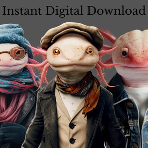 Op de afbeelding: Drie axolotls die verschillende outfits dragen. De axolotl links draagt een blauw-wit gestreepte hoed, ronde bril, een blauw-rode gestreepte sjaal en een zwart leren jack. De axolotl in het midden draagt een bruine fedora, een wit overhemd, een bruine sjaal en een bruin jack. De axolotl rechts draagt een blauw spijkerjack.