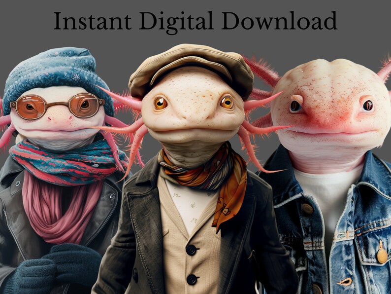 Op de afbeelding: Drie axolotls die verschillende outfits dragen. De axolotl links draagt een blauw-wit gestreepte hoed, ronde bril, een blauw-rode gestreepte sjaal en een zwart leren jack. De axolotl in het midden draagt een bruine fedora, een wit overhemd, een bruine sjaal en een bruin jack. De axolotl rechts draagt een blauw spijkerjack.