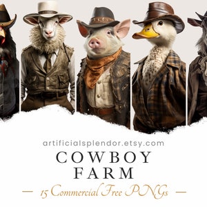 Cowboy Farm Animal Clipart Bundle Country Western Animal Art Farm PNG Pollo digital vestido como vaquero oveja realista cerdo Salvaje Oeste Llama