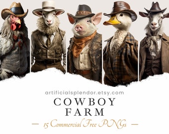 Cowboy Farm Animal Clipart Bundle Country Western Animal Art Farm PNG Digital Chicken Dressed as Cowboy Sheep Realistic Pig Wild West Llama