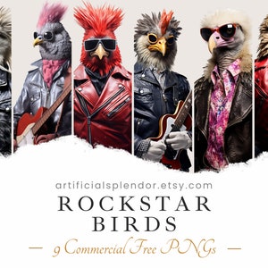 Rockstar Bird Clipart Bundle, Cardinal Art, Human Animal PNG, Digital Punk Rocker Eagle vestido como persona realista aviar guitarra eléctrica