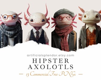 Clipart de acuarela de ajolote hipster: paquete PNG de animales divertidos (digital)