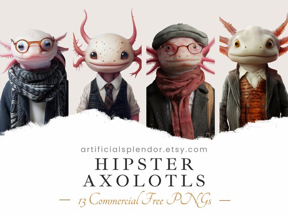 Hipster Axolotl Watercolor Clipart: Funny Animal PNG Bundle (Digital)