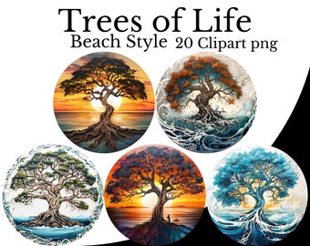 Tree of Life (Beach Style) Clipart Bundle, Watercolor PNG, Ocean Coast Transparent Background, Family Tree Element, Summer Tree of Life PNG