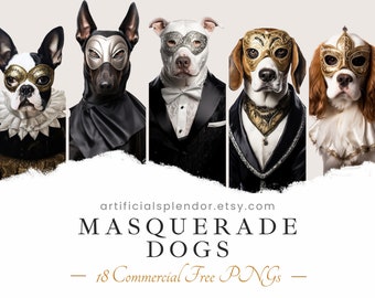 Masquerade Dog Clipart Bundle, Masked Dog Art, Victorian Ball Animal PNG, Fancy Digital Canine Dressed as Person, Realistic Dog Wearing Mask