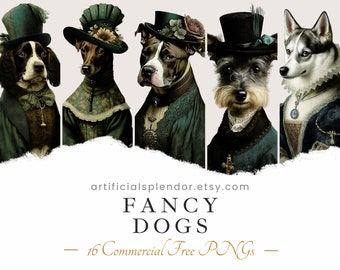 Fancy Dog Clipart Bundle, Watercolor Art, Human Animal PNG, Digital, Animal Dressed as Person Vintage Victorian Dog Portrait Painting