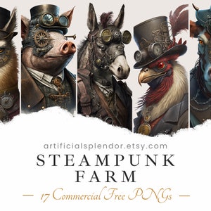Pacote de clipart de animais de fazenda Steampunk, PNGs com fundo transparente, arte digital em aquarela cavalo humano vaca vestida como retrato de pessoa