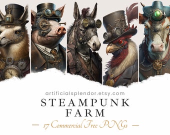 Zestaw clipartów ze zwierzętami gospodarskimi Steampunk, PNG z przezroczystym tłem, cyfrowa sztuka akwarelowa Człowiek koń krowa przebrana za osobę portret
