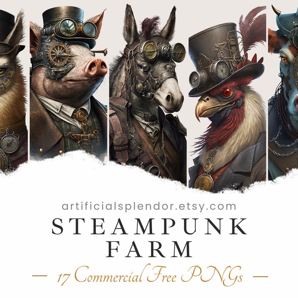 Steampunk Farm Animal Clipart Bundle, PNGs with Transparent Background, Digital Watercolor Art Human Horse Cow Dressed as Person Portrait