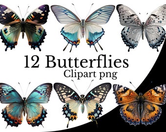 Pakiet clipartów motyli, sztuka akwarelowa, owad natura PNG cyfrowy motyl PNG realistyczna sztuka motyli egzotyczne owady bezpłatne wykorzystanie komercyjne