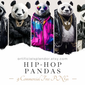 Hip Hop Panda Clipart Paquete Acuarela Arte Animal PNG Divertido Oso Panda Digital Vestido como Persona Realista Panda Rap Gangster Lindo Panda
