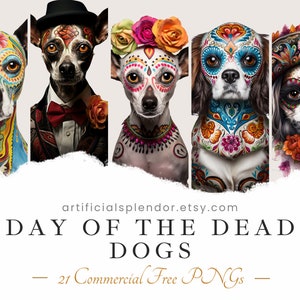 Jour du chien mort Clipart Bundle, Dia de los Muertos Art, Animal humain PNG, canin numérique habillé en chien réaliste de personne dans la peinture de visage