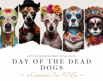 Dödens dag hund Clipart Bundle, Dia de los Muertos konst, mänskligt djur PNG, digital hund klädd som person realistisk hund i ansiktsmålning