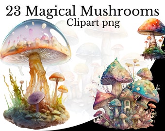 Magical Mushroom Clipart Bundle, Watercolor Art, Mushrooms PNG, Digital Fantasy Art, Scrapbooking, Journal, Transparent Background, Fungus