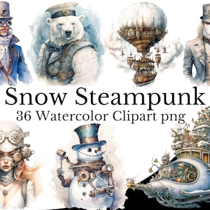 Sneeuw Steampunk Clipart Bundel, Witte Steampunk Winter Aquarel Kunst Digitale Steampunk PNG Transparante Achtergrond, Gratis Commercieel Gebruik