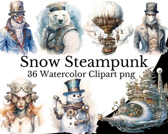 Snow Steampunk Clipart Bundle, White Steampunk Winter Watercolor Art Digital Steampunk PNG Transparent Background, Free Commercial Use