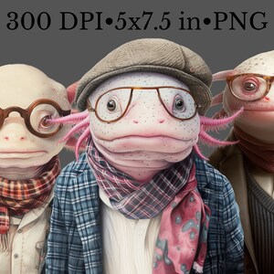 Op de afbeelding: Drie axolotls die brillen en kleding dragen. De axolotl links draagt een bruin jack, een wit shirt en een rood-zwart geruite sjaal. De axolotl in het midden draagt een blauw geruit jack, een wit shirt en een roze sjaal. De axolotl rechts draagt een grijze vest, een wit shirt en een roze sjaal. Alle drie axolotls dragen ronde brillen.