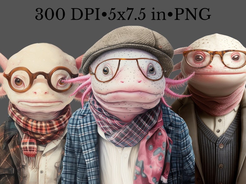Op de afbeelding: Drie axolotls die brillen en kleding dragen. De axolotl links draagt een bruin jack, een wit shirt en een rood-zwart geruite sjaal. De axolotl in het midden draagt een blauw geruit jack, een wit shirt en een roze sjaal. De axolotl rechts draagt een grijze vest, een wit shirt en een roze sjaal. Alle drie axolotls dragen ronde brillen.