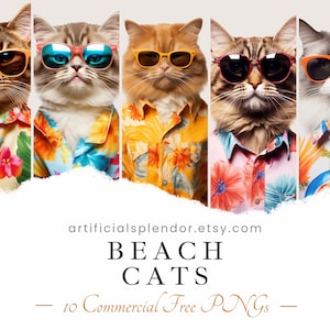 Strand Katze Clipart Bundle Sommer Aquarell Katze Kunst Tier PNG Katze mit Sonnenbrille Digitale Katze verkleidet Urlaub Feline Hawaiihemd