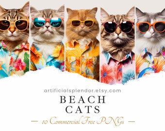 Beach Cat Clipart Bundle Summer Watercolor Cat Art Animal PNG Cat Wearing Sunglasses Digital Cat Dressed Up Vacation Feline Hawaiian Shirt