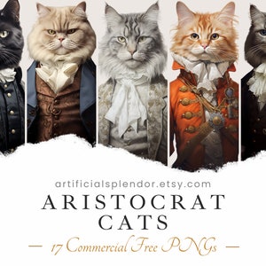 Gato Clipart Pacote Aristocrata Gato Aquarela PNG Arte de gato Imagem digital Gato vestido com roupas Retrato de gato extravagante vitoriano Pintura felina