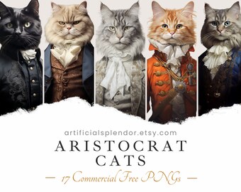 Zestaw clipartów z kotami Arystokrata Kot Akwarela PNG Sztuka kotów Obraz cyfrowy Kot ubrany w ubrania Wiktoriański fantazyjny portret kota Malarstwo kotów