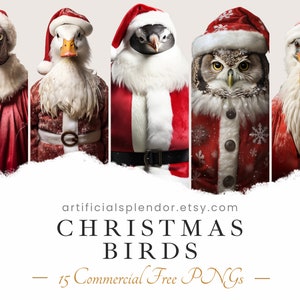 Bundle de cliparts oiseau de Noël aquarelle Art animalier gratuit à usage commercial drôle d'animal PNG vacances oiseau numérique déguisé en poulet hibou du père Noël
