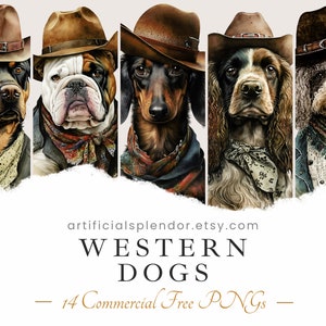 Western Hund Clipart Bundle, Aquarell Kunst, Mensch Tier PNG, Digital Canine als Person Vintage Cowboy Hund mit Hut Portraitmalerei gekleidet