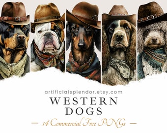 Western Dog Clipart Bundle, Watercolor Art, Human Animal PNG, Digital Canine Dressed as Person Vintage Cowboy Dog in Hat Portrait Painting