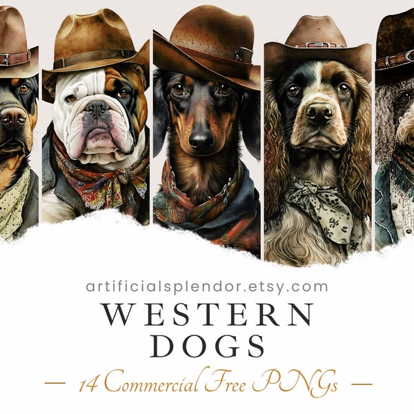 Western Dog Clipart Bundle, Watercolor Art, Human Animal PNG, Digital Canine Dressed as Person Vintage Cowboy Dog in Hat Portrait Painting