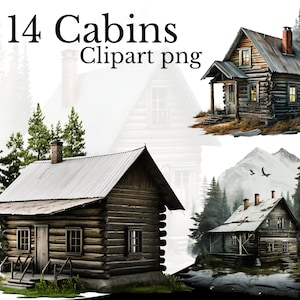 Cabin Clipart Bundle, Watercolor PNG, Transparent Background, Log Cabin Element, Mountain Cabin, Rustic Art, Cute House Mountainside Forest