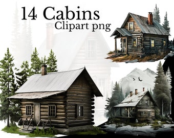 Cabin Clipart Bundle, Watercolor PNG, Transparent Background, Log Cabin Element, Mountain Cabin, Rustic Art, Cute House Mountainside Forest