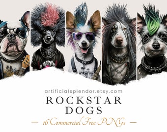 Rockstar Dog Clipart Bundle, Watercolor Art, Human Animal PNG, Digital Punk Rocker Poodle Dressed as Person Realistic Canine Electric Guitar