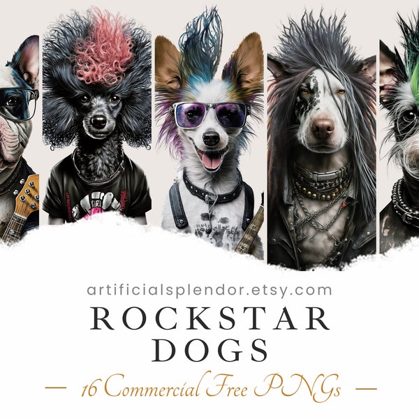 Paquete de imágenes prediseñadas de perro Rockstar, arte de acuarela, PNG de animal humano, caniche rockero punk digital vestido como persona realista guitarra eléctrica canina