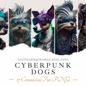 サイバーパンクな犬のクリップアート バンドル、SF 動物 PNG、水彩画のデジタル犬が人物に扮装、眼鏡をかけた未来的な犬の肖像画