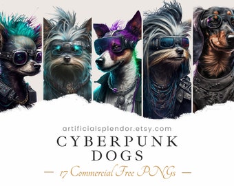 Cyberpunk Dog Clipart Bundle, Sci-fi Animal PNG, Watercolor Art Digital Canine Dressed as Person Futuristic Dog in Glasses Portrait Painting