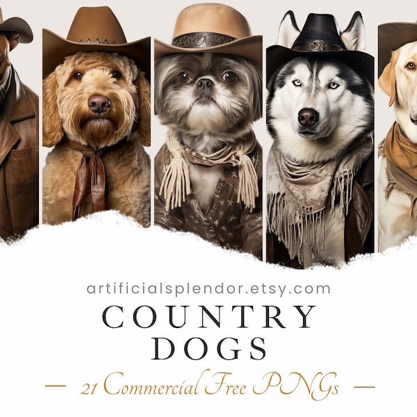 Dog Clipart Bundle Cowboy Country Western Pet Animal PNG Digital Canine Dressed as Person Vintage Watercolor Art  Dog in Hat Portrait Puppy