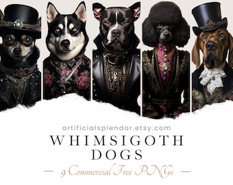 Whimsigoth Dog Clipart Bundle, Cyfrowy Gotycki Pies Przebrany za Osobę, Vintage Elegancki Pies w Gotyckich Ubraniach, Sztuka Akwarelowa, Ludzkie Zwierzę PNG
