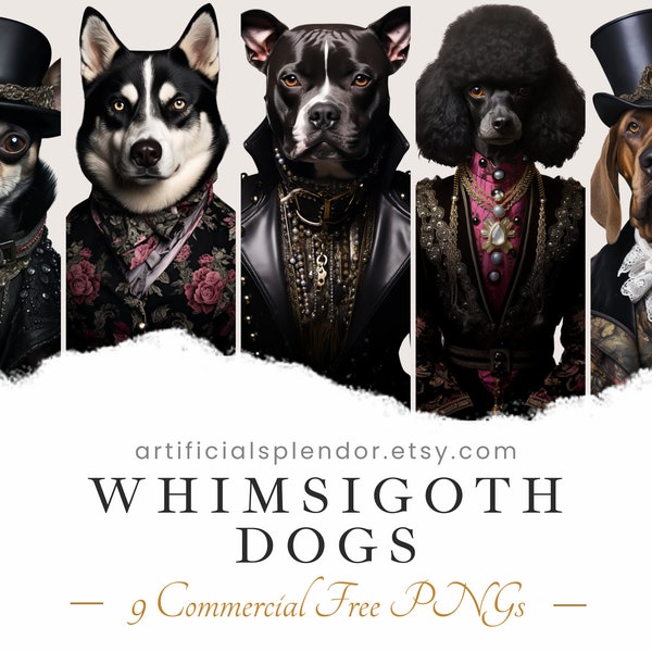 Whimsigoth Dog Clipart Bundle, Digital Goth Dog Dressed as Person, Vintage Fancy Dog in Gothic Clothes, Watercolor Art, Human Animal PNG