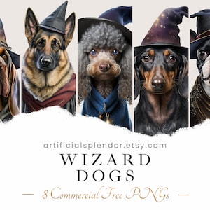 Wizard Dog Clipart Bundel, Witch Dog Aquarel Art, Human Animal PNG Digital Beagle verkleed als persoon Realistische hond met hoed en cape