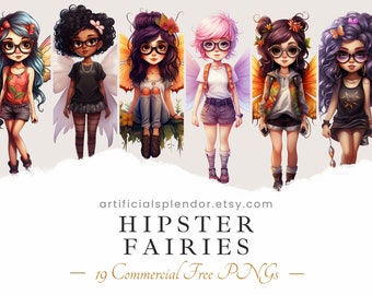 Hipster Fairy Clipart Bundle, Digital Fairy Girl Wearing Glasses, Butterfly Fairy, Trendy Girl Angel, Cute Fairies PNG Invitation Decoration