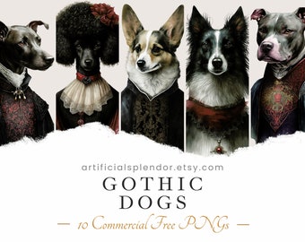Zestaw gotyckich clipartów z psami, sztuka akwarelowa, ludzkie zwierzę PNG, cyfrowe, pudel ubrany jak osoba Vintage elegancki pies w pelerynie portret malarstwo