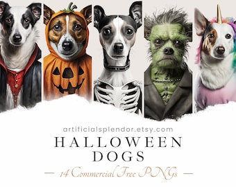 Halloween Dog Clipart Bundle, Dog Watercolor Art, Human Animal PNG, Digital Canine Dressed as Person Dog Wearing Halloween Costume Funny Dog