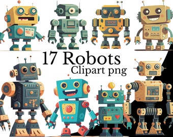 Robot Clipart Bundle, Sci-Fi Watercolor Art, Cute Robot PNG, Digital Mechanical Steampunk PNG, Futuristic, Retro Robot Digital Element