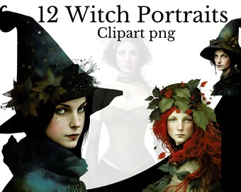 Witch Portrait Clipart Bundle, Watercolor Art, Witch PNG, Digital Occult Witchcraft, Junk Journal Pagan Good Witch Transparent Background